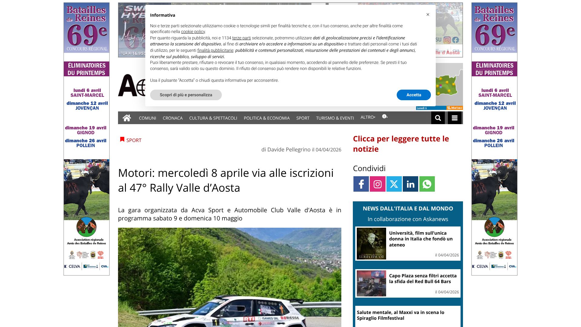 Motori: mercoledì 8 aprile via alle iscrizioni al 47° Rally Valle d'Aost