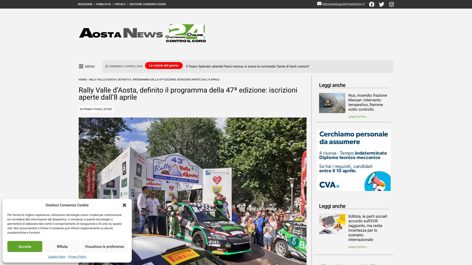 Rally Valle d'Aosta, definito il programma della 47ª edizione: iscrizioni aperte dall'8 april