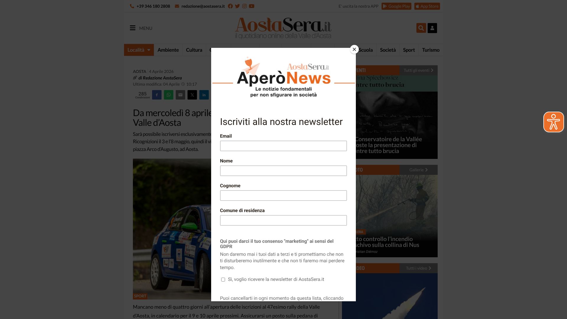 Da mercoledì 8 aprile le iscrizioni al 47° Rally della Valle d'Aosta